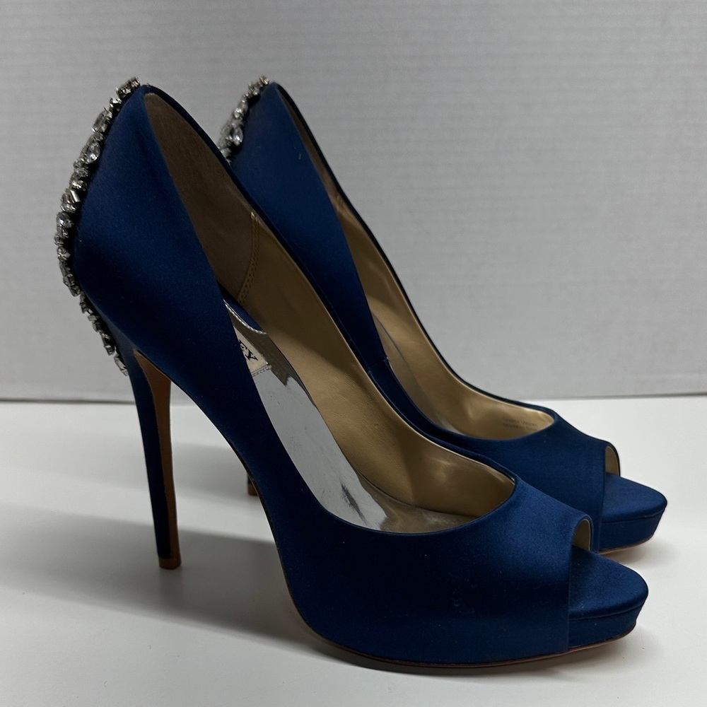 Badgley Mischka Kiara Pumps High Heel Shoes Peep Toe Jeweled Back Blue Size 9 - Picture 4 of 10